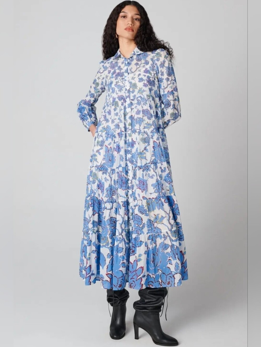 NWT DIANE VON FURSTENBURG Blue Kiara Cotton Floral Tiered Long Sleeve Maxi Dress